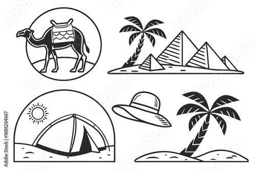 Vector art of egypt travel doodle collection with camel and pyramid