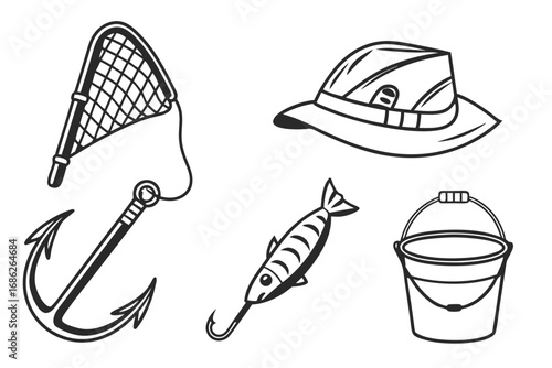 Vector art of fishing equipment in outline style illustration