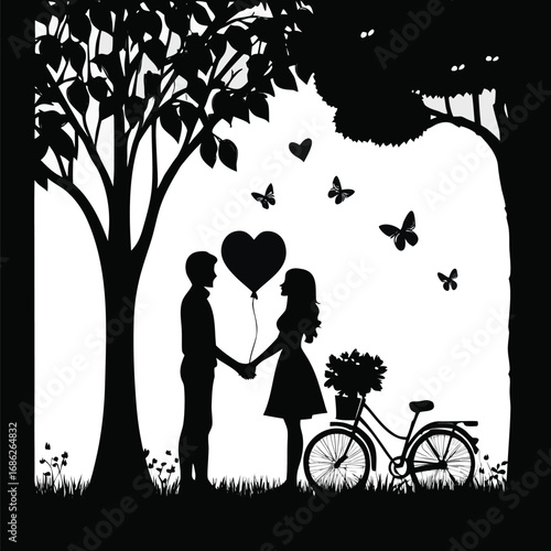 Romantic Silhouette Scene Young Couple Bicycle Heart Balloon Blossoming Trees Butterflies and Love in a Dreamy Black and White Landscape