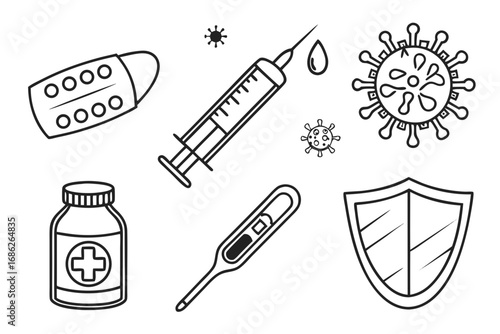 Vector art of medical equipment and virus for health care