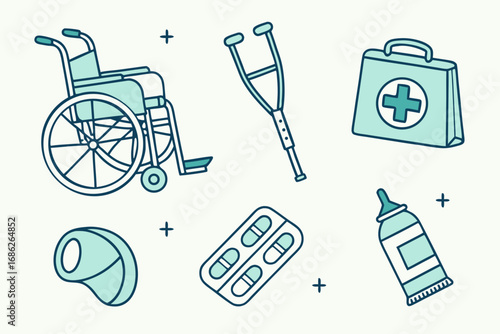 Vector art of medical equipment icons including wheelchair