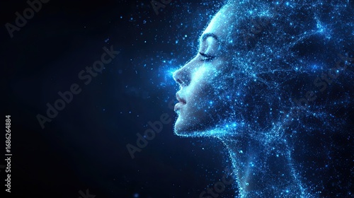 Abstract digital portrait of a woman dissolving into glowing particles on dark