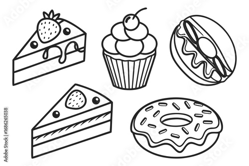 Vector art of various sweet desserts in a line art style