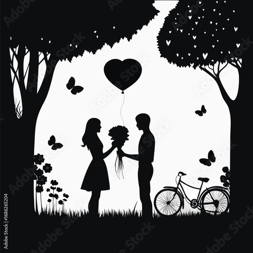 Romantic Silhouette Scene Young Couple Bicycle Heart Balloon Blossoming Trees Butterflies and Love in a Dreamy Black and White Landscape