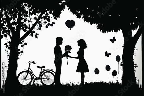 Romantic Silhouette Scene Young Couple Bicycle Heart Balloon Blossoming Trees Butterflies and Love in a Dreamy Black and White Landscape