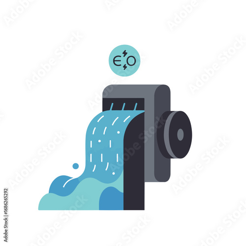 A stylized illustration of a hydroelectric dam with water flowing over a gate A symbol floats above