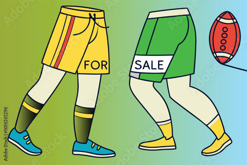 Two pairs of legs wearing shorts with a football nearby
