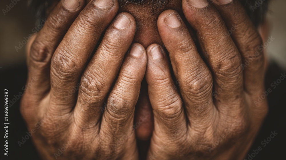 Fototapeta premium Close-up of a person with hands covering their face, expressing distress.