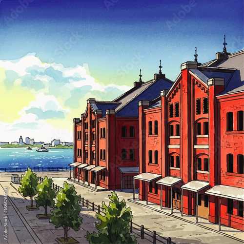 A beautiful anime-style illustration of the historic Yokohama Red Brick Warehouse by the waterfront on a sunny day.