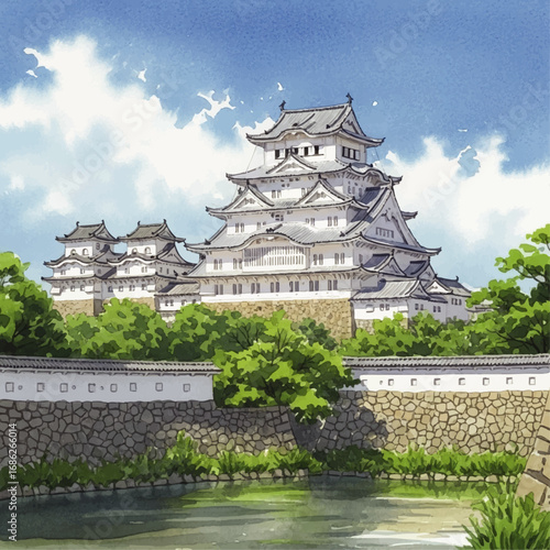 Majestic white Japanese castle with tiered roofs, surrounded by lush green trees and a tranquil moat under a bright blue sky with fluffy clouds.