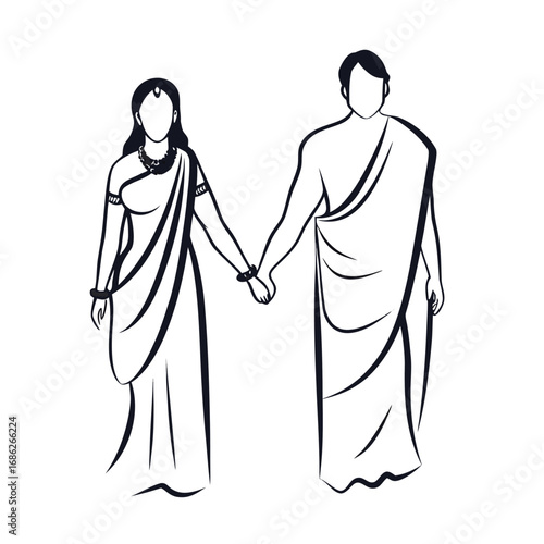Elegant Indian Couple Holding Hands in Traditional Attire Simple Line Art Depiction Symbolizing Love, Marriage, and Cultural Heritage