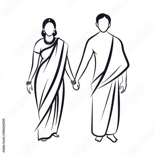 Elegant Indian Couple Holding Hands in Traditional Attire Simple Line Art Depiction Symbolizing Love, Marriage, and Cultural Heritage