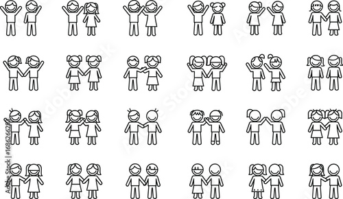 Cute children friendship icon collection, happy kids playing together, boy and girl cartoon character set, outline style vector illustration, childhood fun moments