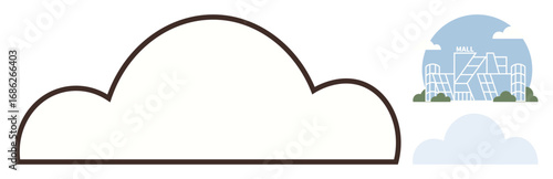 Cloud outline paired with a modern mall in light blue tones, showcasing green landscaping. Ideal for architecture, retail trends, environment-friendly design, urban planning, weather, innovation