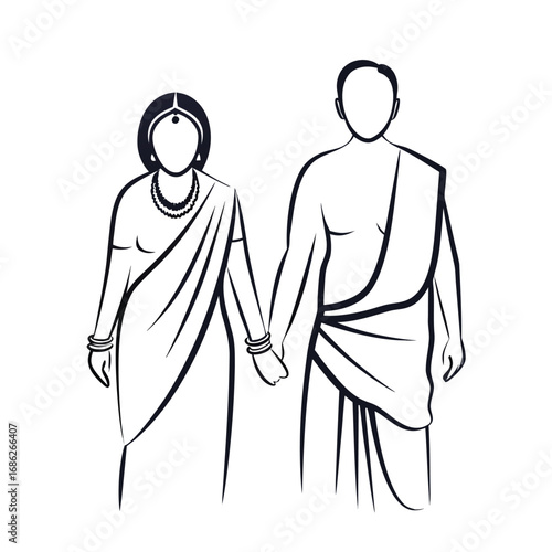 Elegant Indian Couple Holding Hands in Traditional Attire Simple Line Art Depiction Symbolizing Love, Marriage, and Cultural Heritage