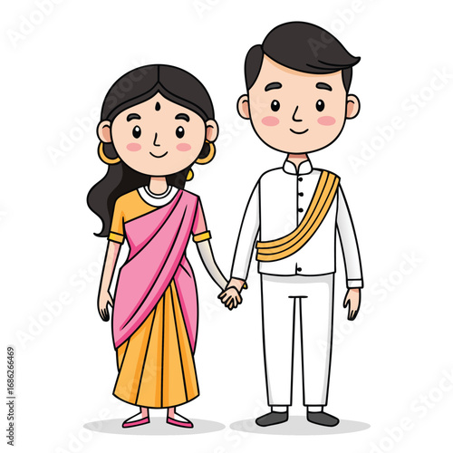 Delightful Cartoon Couple in Traditional Indian Attire Expressing Love and Togetherness with Smiles and Hand Holding Poses Depicted on a White Background