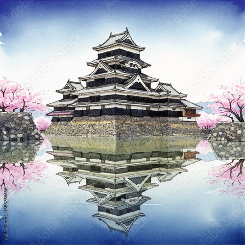 A watercolor painting of a Japanese castle reflected in calm water with cherry blossoms.