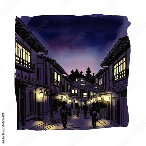 Evening stroll through a dimly lit Japanese street, traditional houses, lanterns glow.