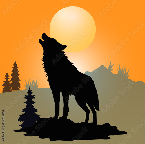 wolf howling at sunset