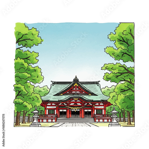 An illustration of a vibrant red and white Japanese Shinto shrine with a green roof, nestled among verdant trees beneath a clear blue sky.