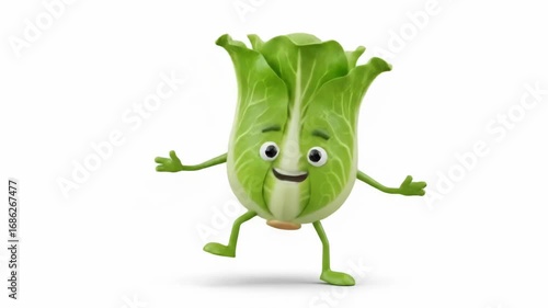 A cheerful, cartoon-like napa cabbage character with simplistic limbs, a wide grin, and large eyes strolls across a plain white backdrop