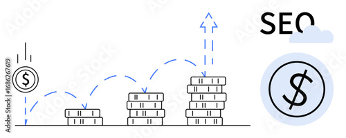 Stacks of coins increasing in height with a bouncing coin, upward arrow, and SEO text. Ideal for business, marketing, digital growth, web presence, profit, success strategy simple flat metaphor