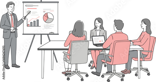 Business presentation with charts and data, corporate meeting room, team discussing strategy, office teamwork, professional collaboration, vector illustration, modern workplace environment