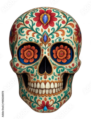 Traditional Mexican Sugar Skull for Day of the Dead / Día de los Muertos Isolated on Transparent Background, Ornate Decorative Calavera with Floral Designs, Cultural Symbol of Ancestry and Celebration