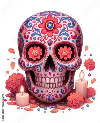 Traditional Mexican Sugar Skull for Day of the Dead / Día de los Muertos Isolated on Transparent Background, Ornate Decorative Calavera with Floral Designs, Cultural Symbol of Ancestry and Celebration