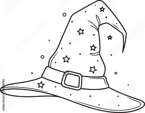 A magical pointy witch hat with stars and a buckle, in a line-art style.