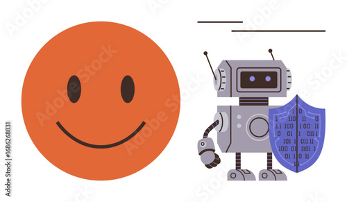 Orange smiling face next to a gray robot with a binary-coded shield. Ideal for cybersecurity, positivity, AI safety, digital trust, technology ethics, data protection, simple flat metaphor