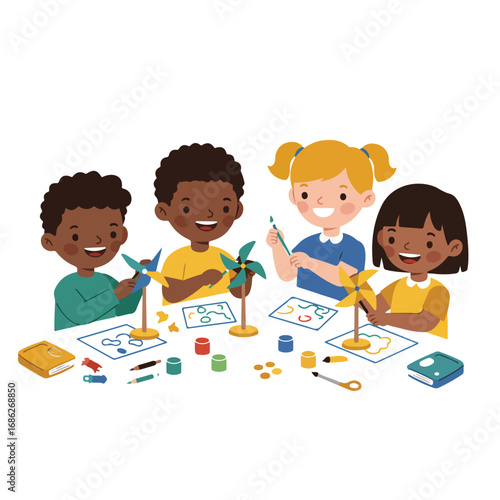 Four children are seated at a table crafting pinwheels Each has a pinwheel and art supplies