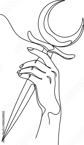 A minimalist single-line drawing of a hand holding a mystical crescent moon-shaped dagger