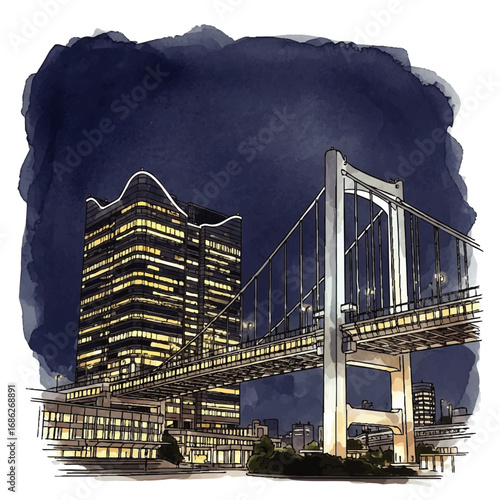 Watercolor illustration of a modern city skyline featuring a suspension bridge and illuminated skyscrapers at night.