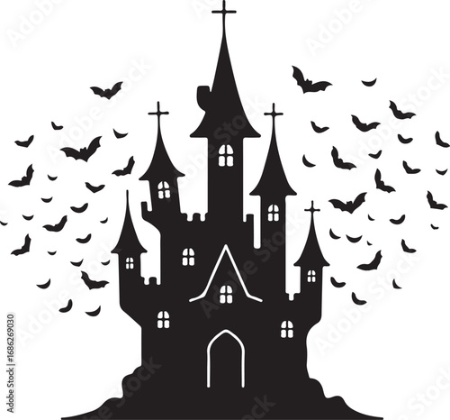  A silhouette of a spooky church-like castle on a hill with bats flying around it