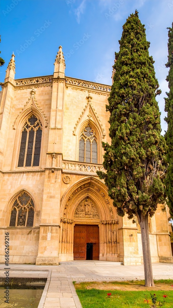 Fototapeta premium Gothic church facade, tall trees flank entrance