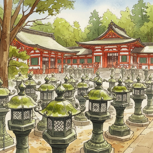 A serene Japanese temple complex with a courtyard filled with numerous traditional stone lanterns, set amidst lush green trees and vibrant foliage.