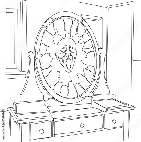  simple line-art drawing of a screaming ghost face in a broken, oval-shaped mirror on a dresser