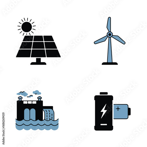 Four icons Solar panel wind turbine hydroelectric dam and battery