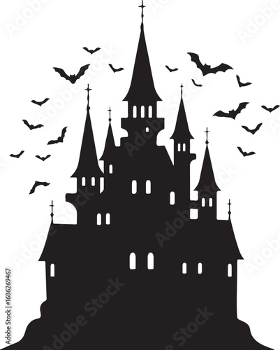 A spooky illustration of a Gothic castle with pointed spires and flying bats in the night sky.