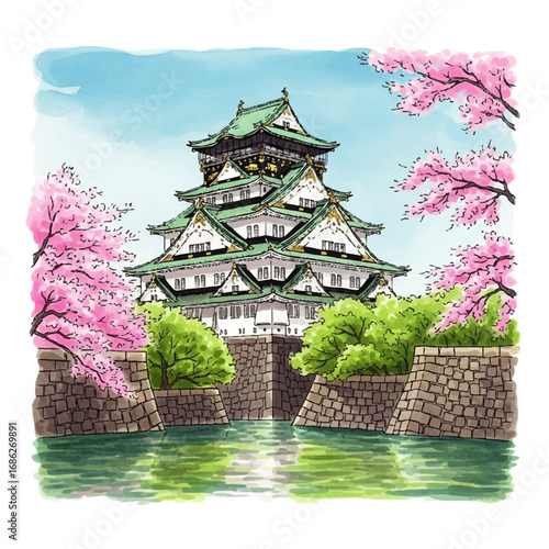 An illustration of the historic Osaka Castle in Japan surrounded by a moat and blooming pink cherry blossom trees.