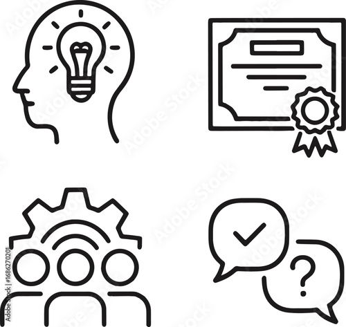 Icon set representing ideas, teamwork, and achievement with a lightbulb, certificate, gears, and chat bubbles, isolated on white background
