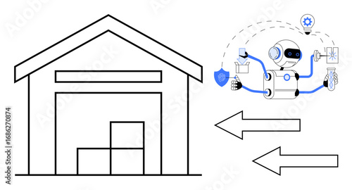 AI robot managing warehouse logistics, performing quality checks, securing storage, and tracking inventory. Ideal for technology, logistics, AI, automation, security warehouse management