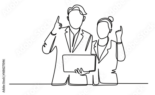 Continuous line art of a man and woman in business suits holding laptops while raising their hands in a sign of happiness for work achievements. vector illustration