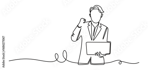 Continuous line art of a man in a business suit holding a laptop while raising his hands in a sign of happiness for a work achievement. vector illustration