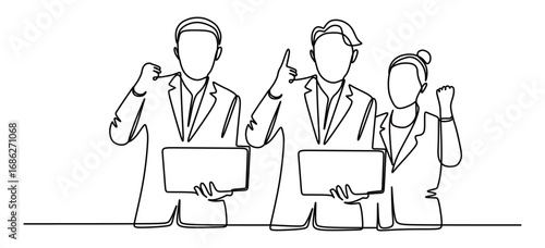 Continuous line art of a group of men and women in business suits holding laptops while raising their hands as a sign of happiness for a work achievement. Concept of a compact work team. Vector illust