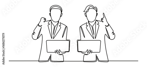 Continuous line art of two men in business suits holding laptops while raising their hands in a sign of happiness for their work achievements. Vector illustration