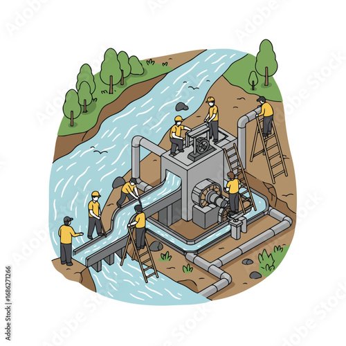 Illustration depicting a hydroelectric plant Workers river pipes turbines and ladders are visible