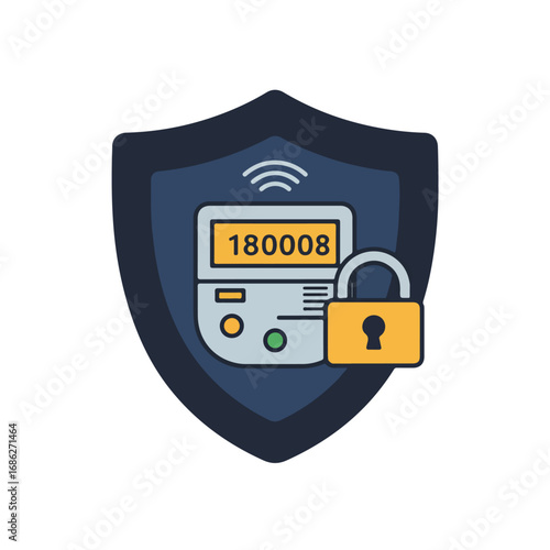 Illustration of a shield with a digital device and padlock Device displays 180008 Shield is navy blue