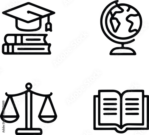 Set of education and law icons including graduation cap, books, globe, scales of justice, and open book, isolated on white background